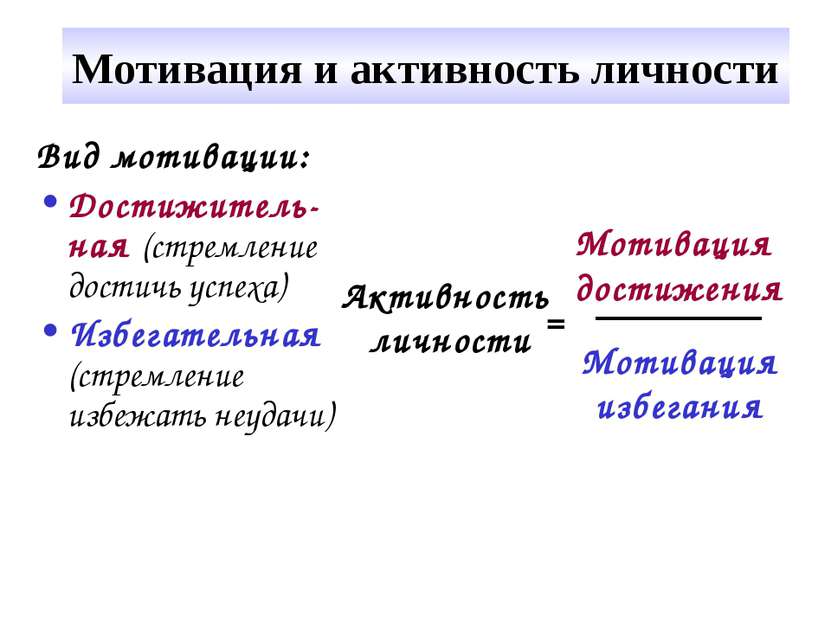 Мотивация и активность личности Вид мотивации: Достижитель-ная (стремление до...