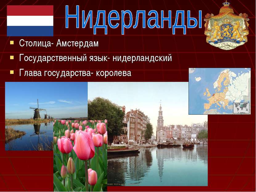 Столица- Амстердам Государственный язык- нидерландский Глава государства- кор...