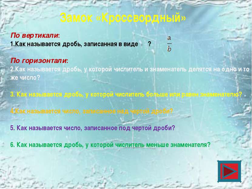 Замок «Кроссвордный» По вертикали: 1.Как называется дробь, записанная в виде ...