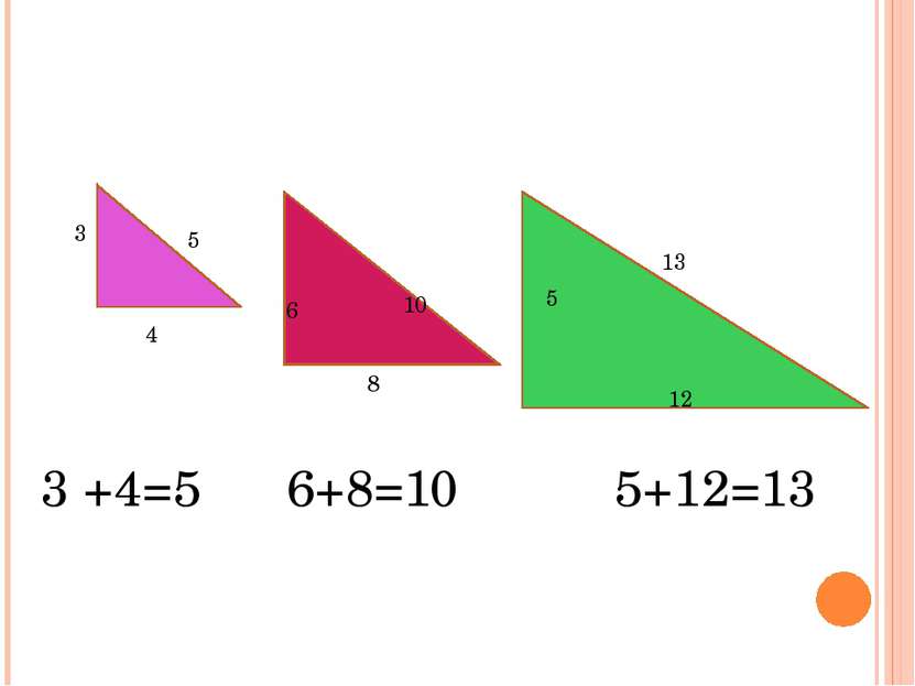 3 Теорема Пифагора 4 5 8 6 10 5 12 13 3 +4=5 6+8=10 5+12=13