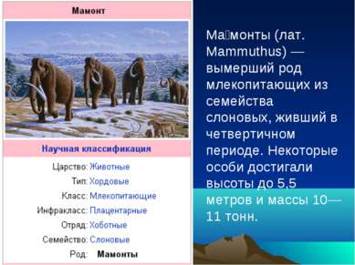 Ма монты (лат. Mammuthus) — вымерший род млекопитающих из семейства слоновых,...