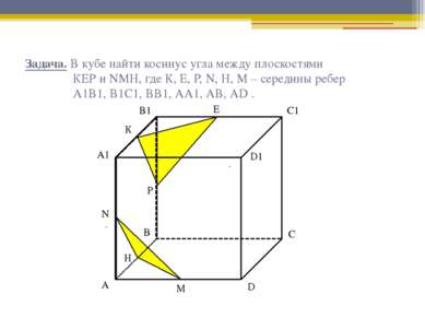 Задача. В кубе найти косинус угла между плоскостями КЕР и NМН, где К, Е, Р, N...