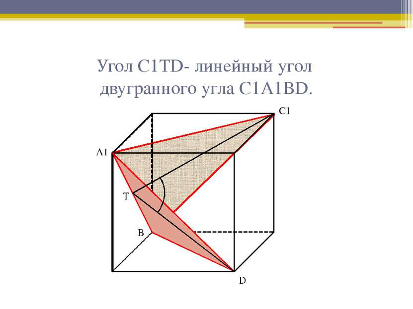 Угол С1ТD- линейный угол двугранного угла С1А1ВD. А1 С1 Т D В