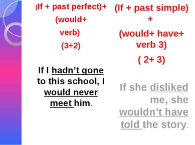 (If + past perfect)+ (would+ verb) (3+2) If I hadn’t gone to this school, I w...