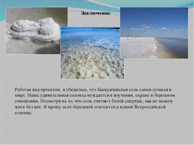 Заключение Работая над проектом, я убедилась, что Баскунчакская соль самая лу...