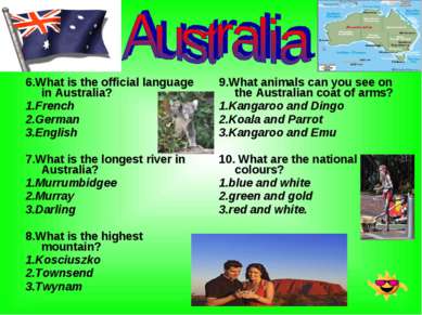 6.What is the official language in Australia? 1.French 2.German 3.English 7.W...