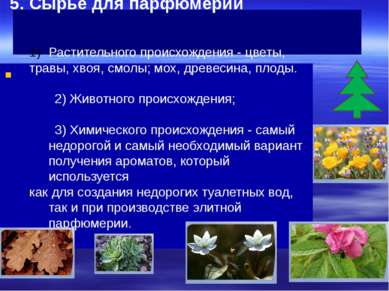 5. Сырье для парфюмерии Растительного происхождения - цветы, травы, хвоя, смо...