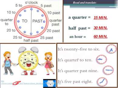 a quarter = half past = an hour = Read and translate: 60 MIN. 15 MIN. 30 MIN....