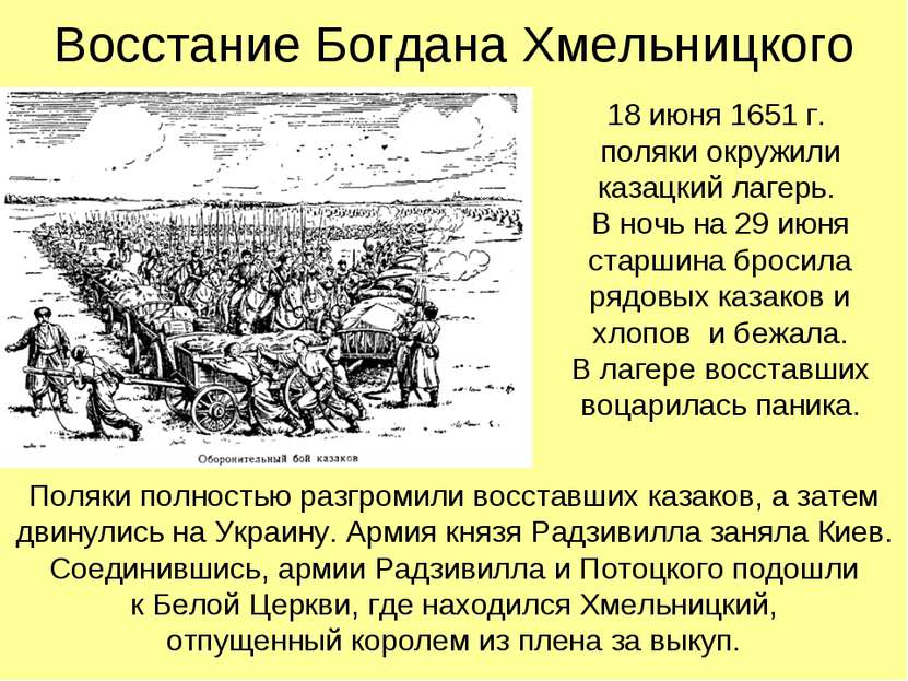 Восстание Богдана Хмельницкого 18 июня 1651 г. поляки окружили казацкий лагер...