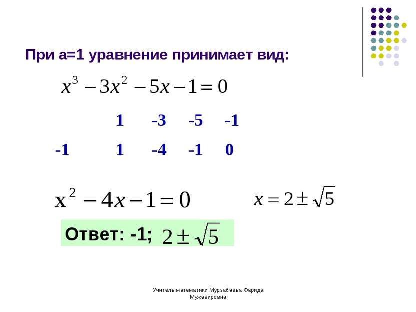 Учитель математики Мурзабаева Фарида Мужавировна При а=1 уравнение принимает ...