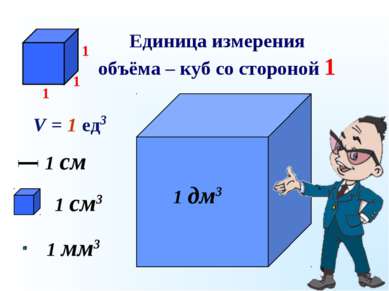 Единица измерения объёма – куб со стороной 1 1 см3 1 мм3 V = 1 ед3