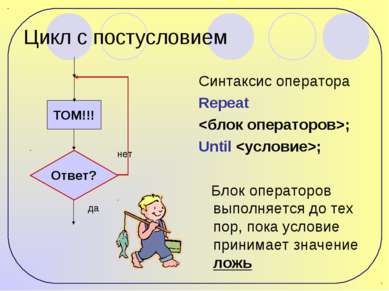 Цикл с постусловием Синтаксис оператора Repeat ; Until ; Блок операторов выпо...
