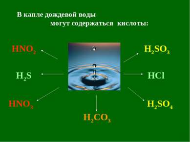В капле дождевой воды могут содержаться кислоты: HNO2 HNO3 H2CO3 H2SO3 H2SO4 ...