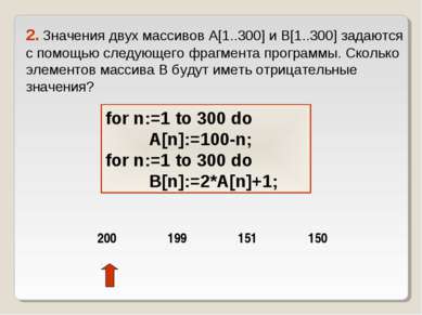 2. Значения двух массивов A[1..300] и B[1..300] задаются с помощью следующего...