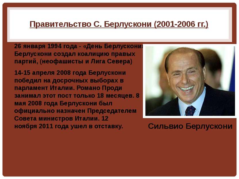 Правительство С. Берлускони (2001-2006 гг.) 26 января 1994 года - «День Берлу...