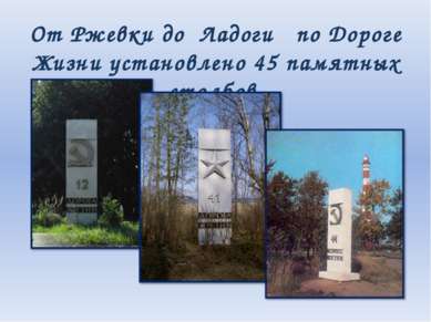 От Ржевки до Ладоги по Дороге Жизни установлено 45 памятных столбов.