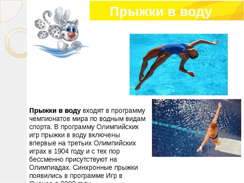 Прыжки в воду входят в программу чемпионатов мира по водным видам спорта. В п...