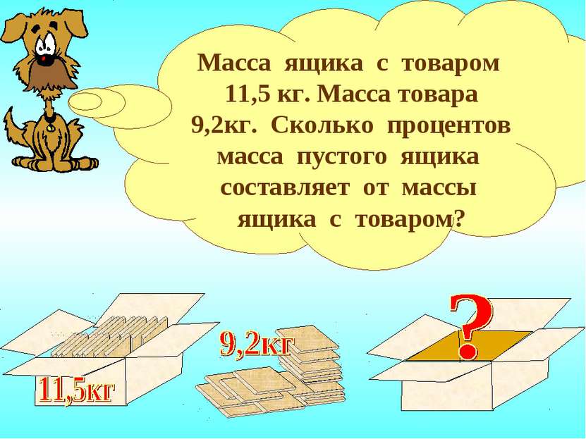 Масса ящика с товаром 11,5 кг. Масса товара 9,2кг. Сколько процентов масса пу...