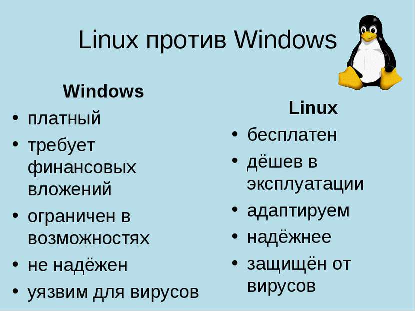 Linux против Windows Linux бесплатен дёшев в эксплуатации адаптируем надёжнее...