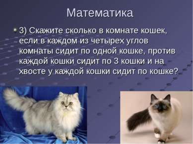 Математика 3) Скажите сколько в комнате кошек, если в каждом из четырех углов...