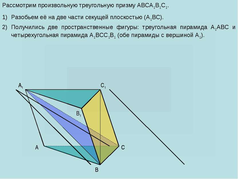 A B C B1 A1 C1 C A1 B Рассмотрим произвольную треугольную призму ABCA1B1C1. Р...
