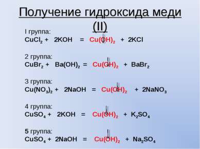 Получение гидроксида меди (II) I группа: CuCl2 + 2KOH = Cu(OH)2 + 2KCl 2 груп...