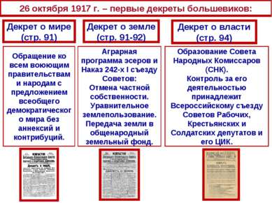 26 октября 1917 г. – первые декреты большевиков: Декрет о мире (стр. 91) Декр...