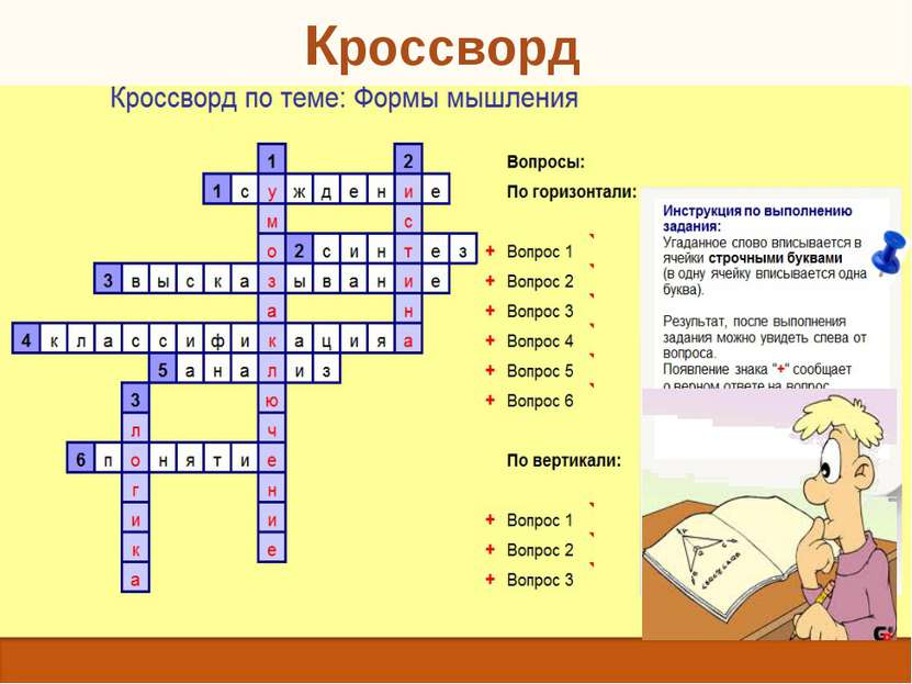 Кроссворд Мысль, в которой что-либо утверждается или отрицается. Мысленное со...