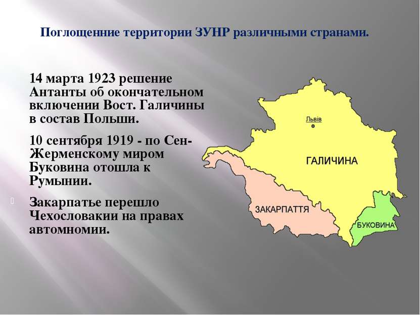 Поглощенние территории ЗУНР различными странами. 14 марта 1923 решение Антант...