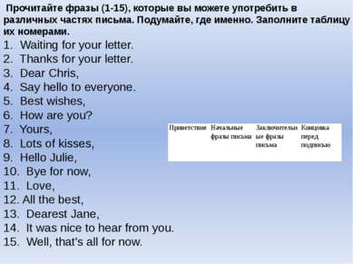 Прочитайте фразы (1-15), которые вы можете употребить в различных частях пись...