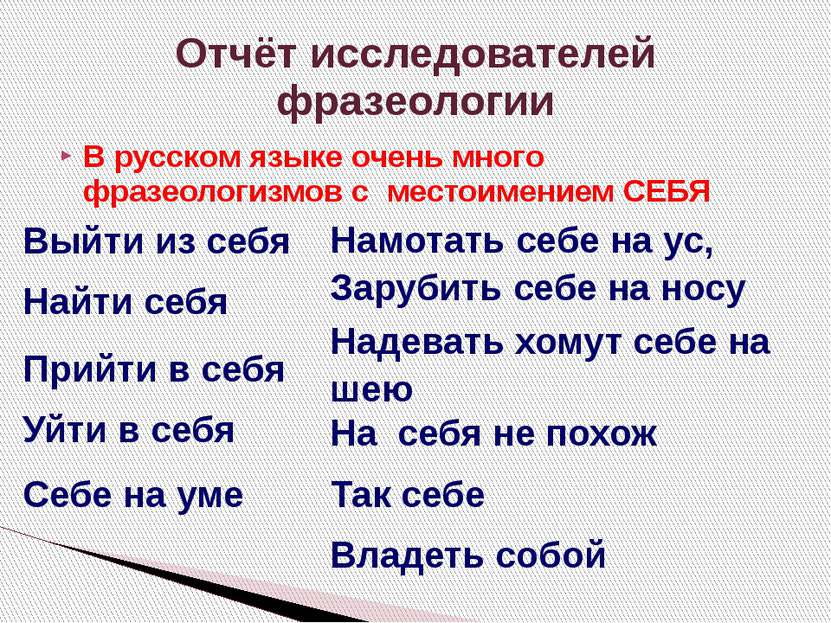 В русском языке очень много фразеологизмов с местоимением СЕБЯ Отчёт исследов...