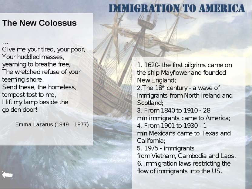 The New Colossus … Give me your tired, your poor, Your huddled masses, yearni...