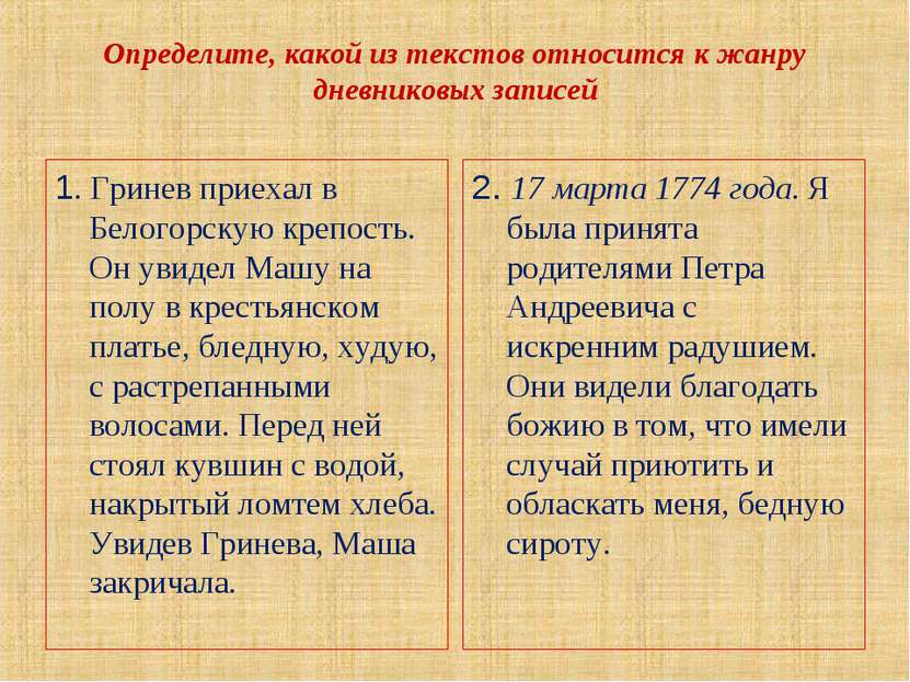 Определите, какой из текстов относится к жанру дневниковых записей 1. Гринев ...