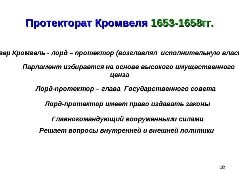 * Протекторат Кромвеля 1653-1658гг. Оливер Кромвель - лорд – протектор (возгл...