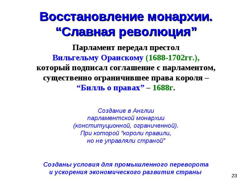 * Восстановление монархии. “Славная революция” Парламент передал престол Виль...