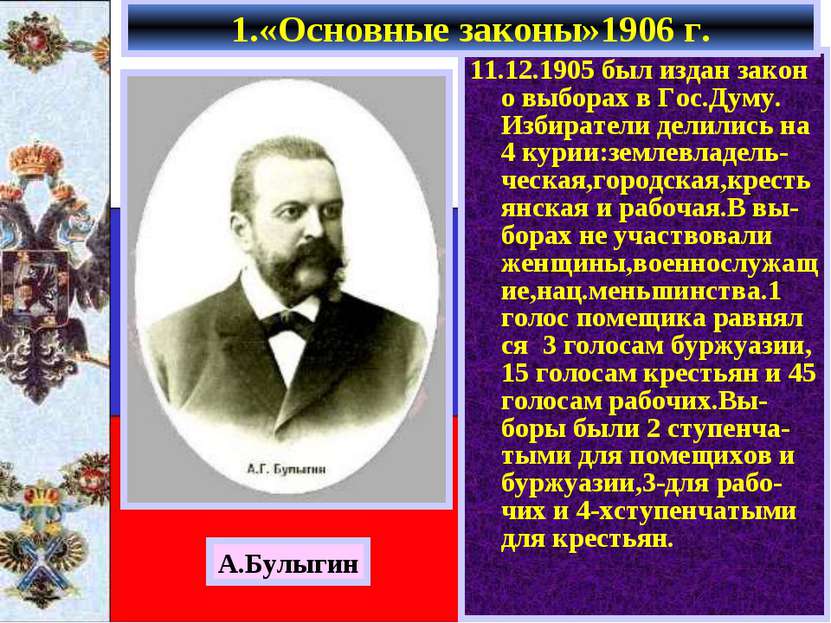 11.12.1905 был издан закон о выборах в Гос.Думу. Избиратели делились на 4 кур...