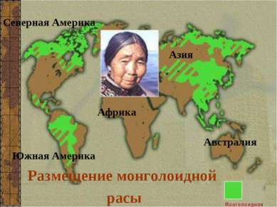 Размещение монголоидной расы Северная Америка Южная Америка Азия Африка Австр...