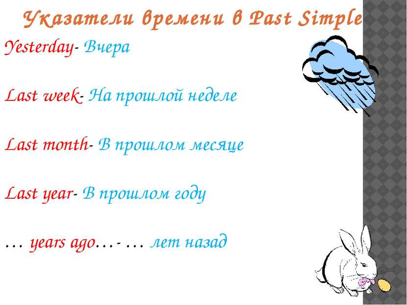 Указатели времени в Past Simple Yesterday- Вчера Last week- На прошлой неделе...