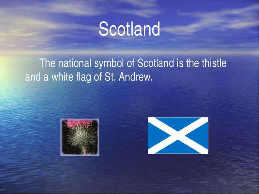 Scotland The national symbol of Scotland is the thistle and a white flag of S...