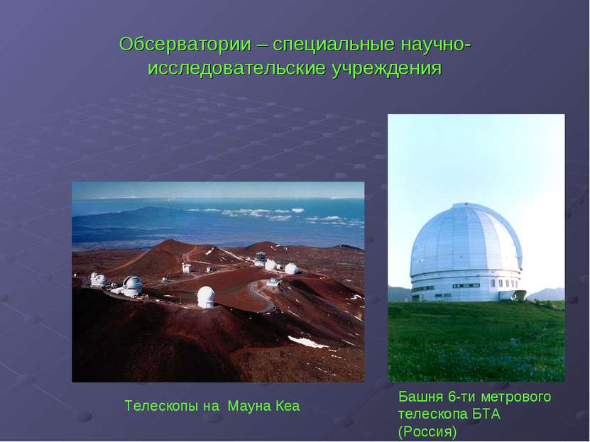 Обсерватории – специальные научно-исследовательские учреждения Телескопы на М...