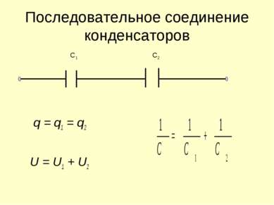Последовательное соединение конденсаторов q = q1 = q2 U = U1 + U2 С1 С2
