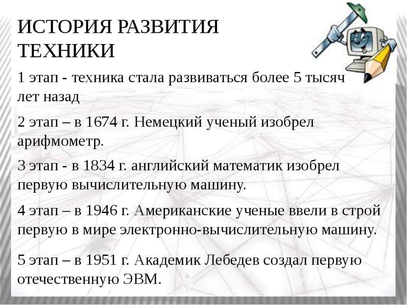 5 этап – в 1951 г. Академик Лебедев создал первую отечественную ЭВМ. ИСТОРИЯ ...
