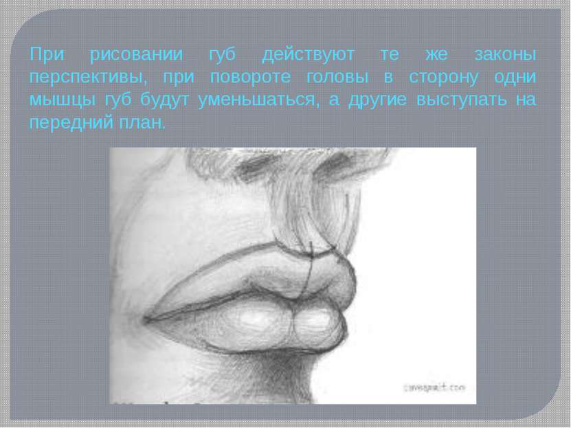 При рисовании губ действуют те же законы перспективы, при повороте головы в с...