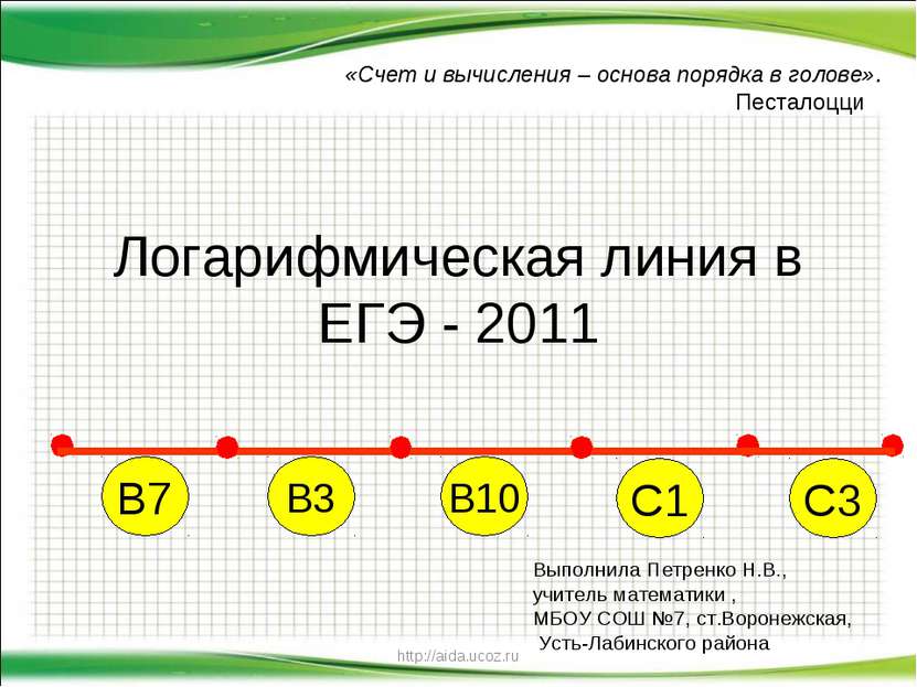 http://aida.ucoz.ru Логарифмическая линия в ЕГЭ - 2011 «Счет и вычисления – о...