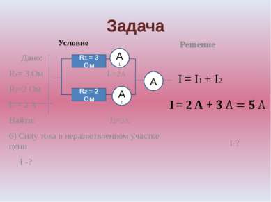 Задача Условие Дано: R1= 3 Ом I1=2А R2=2 Ом I1 = 2 А Найти: I2=3А 6) Силу ток...