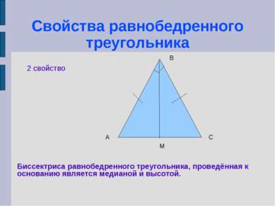 Свойства равнобедренного треугольника 2 свойство А С В М Биссектриса равнобед...