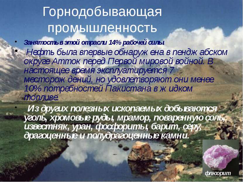 Горнодобывающая промышленность Занятость в этой отрасли 14% рабочей силы. Неф...