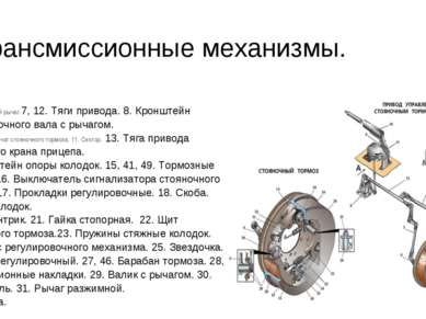 Трансмиссионные механизмы. 6. Регулировочный рычаг.7, 12. Тяги привода. 8. Кр...