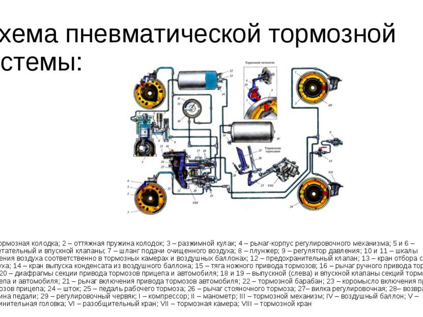  Схема пневматической тормозной системы: 1 – тормозная колодка; 2 – оттяжная ...