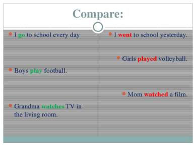 Compare: I go to school every day Boys play football. Grandma watches TV in t...